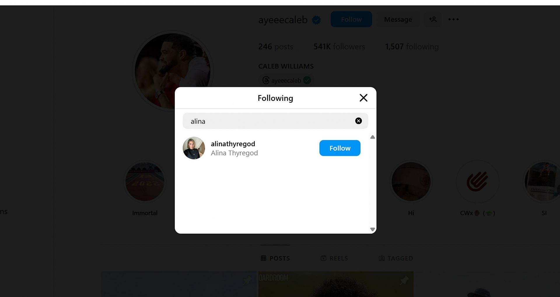 Caleb Williams follows Alina Thyrtengod on Instagram (Image Source: Instagram.\@ayeeecaleb)